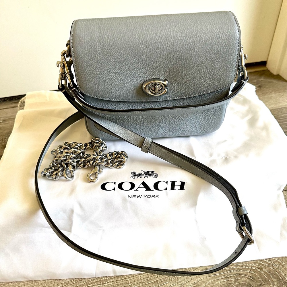 Coach Leather Cassie Crossbody Purse with Chain in Silver/Grey Blue - Like New